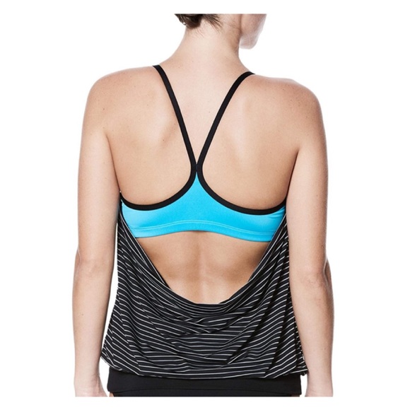 Nike Layered Tankini Top with Striped Overlay atop a Solid Teal Bikini Top - Picture 8 of 12